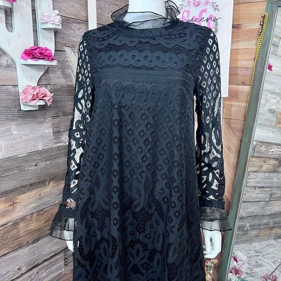 Loveriche Lace Long Sleeve Ruffled Shift Dress Black Medium 💗 - Picture 2 of 11